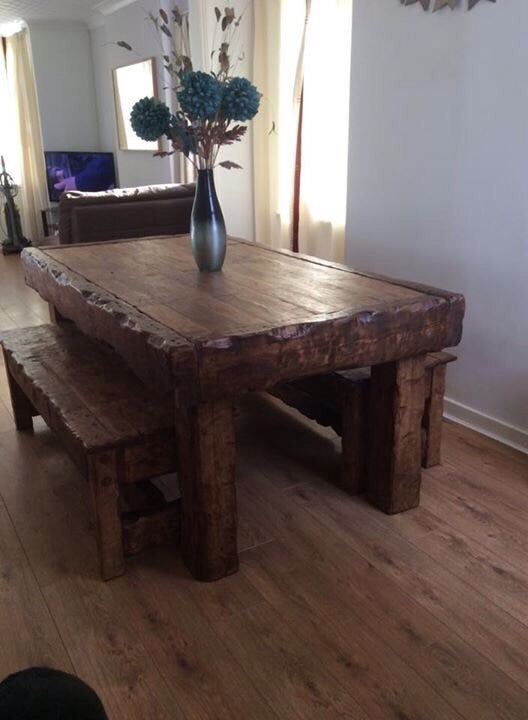 Chunky oak dining table with 2 benches