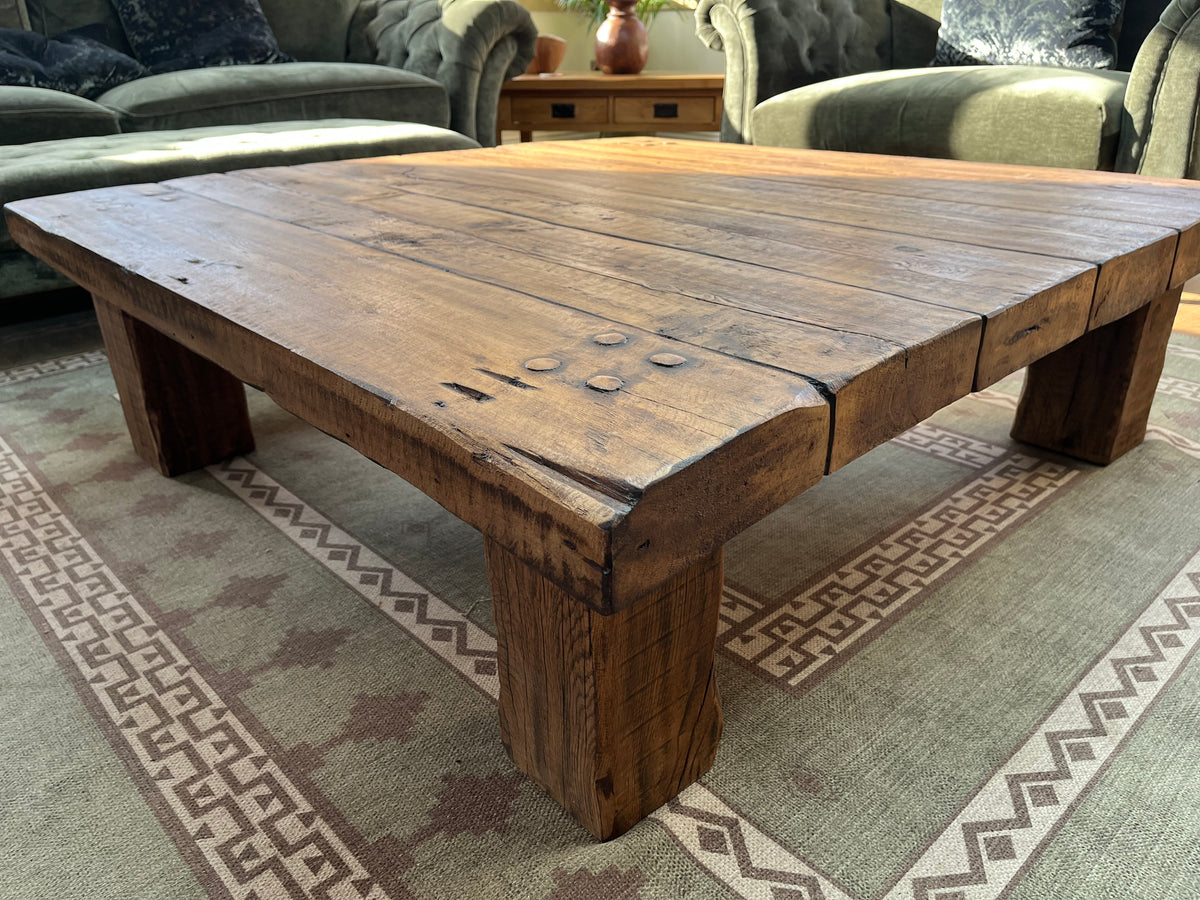 chunky coffee table made from reclaimed beams
