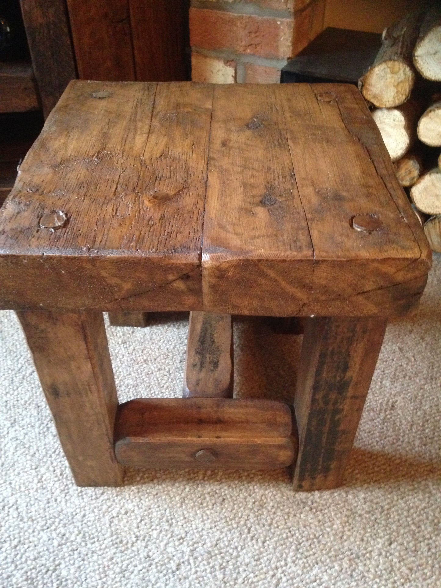 Stool side table made from reclaimed oak