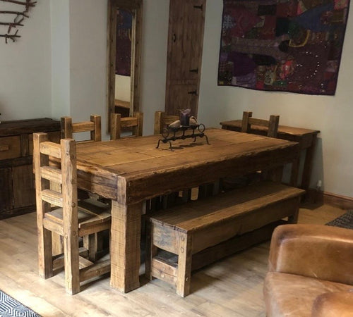 8 seating chunky rustic dining table set with bench