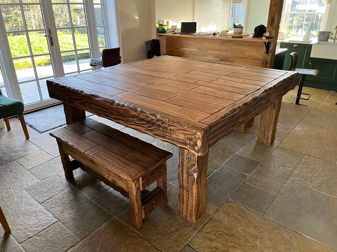 8 seating chunky rustic dining table with benches