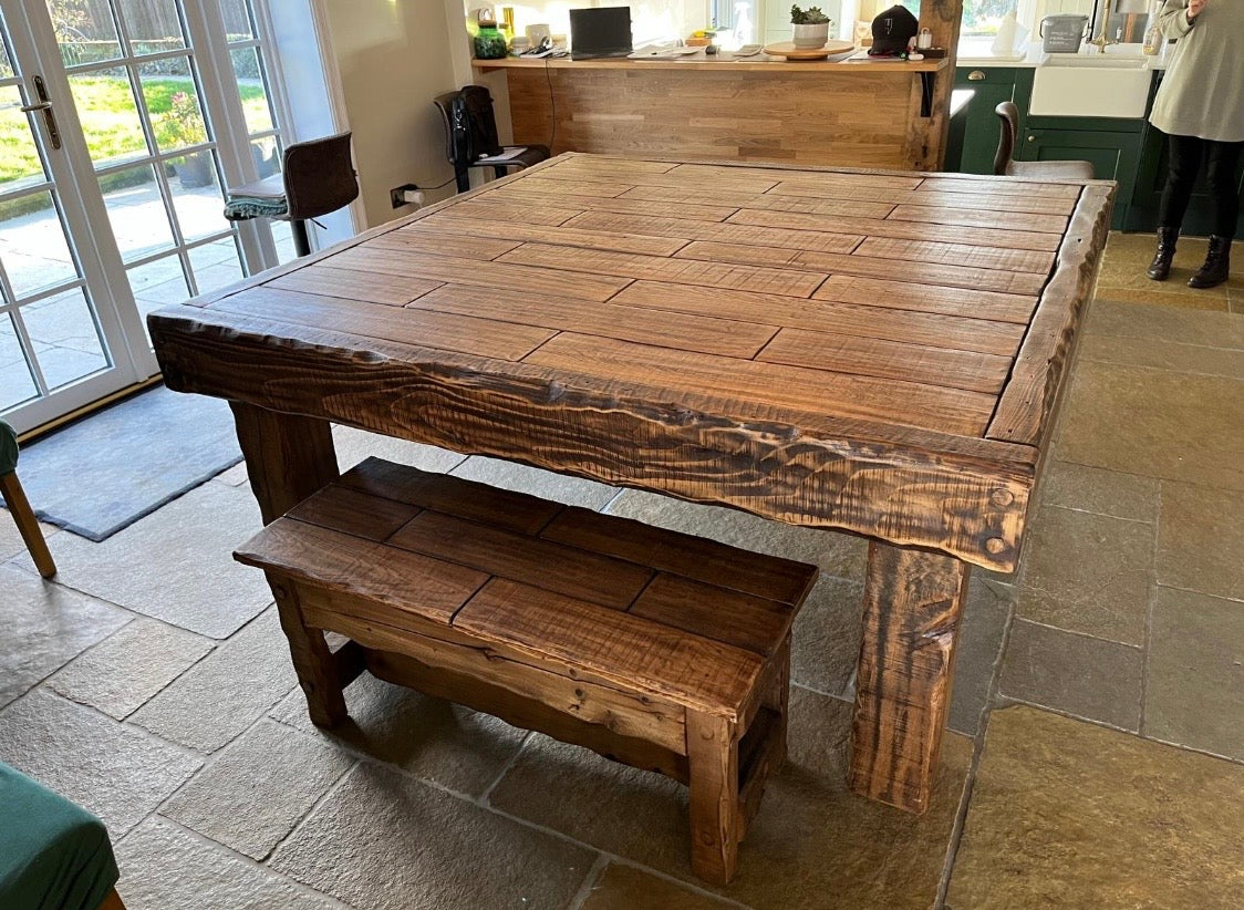 8 seating chunky rustic dining table with benches