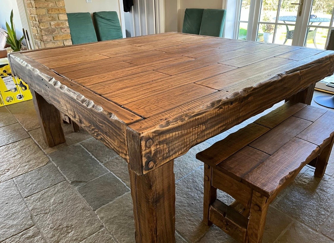 8 seating chunky rustic dining table with benches