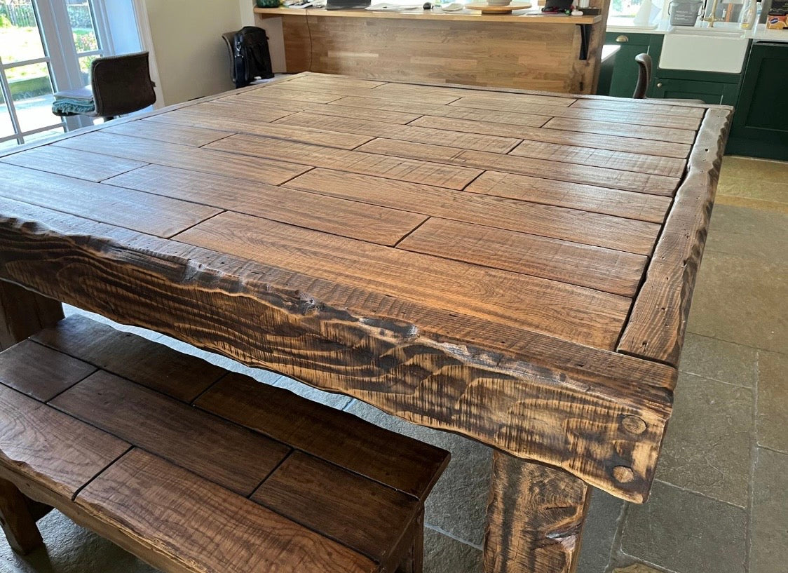8 seating chunky rustic dining table with benches