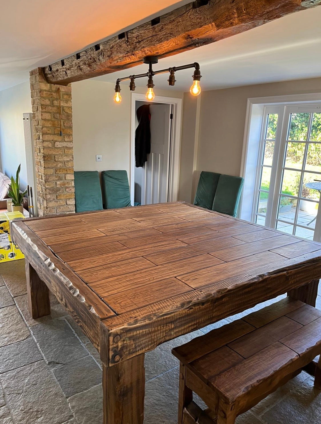 8 seating chunky rustic dining table with benches