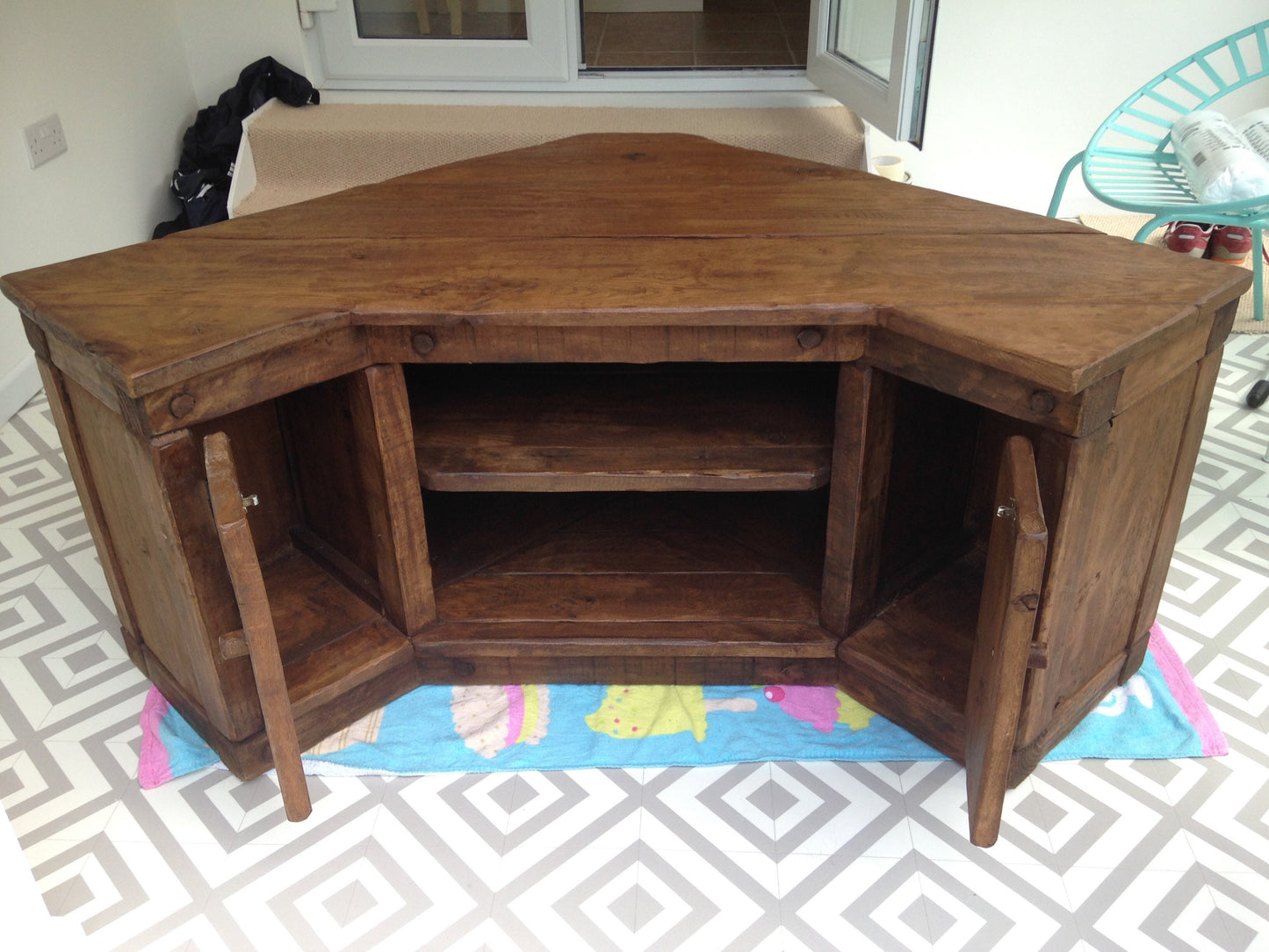 Rustic handmade corner tv unit made from old drench oak!