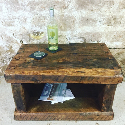 Handmade coffee table, side table made from old french wood