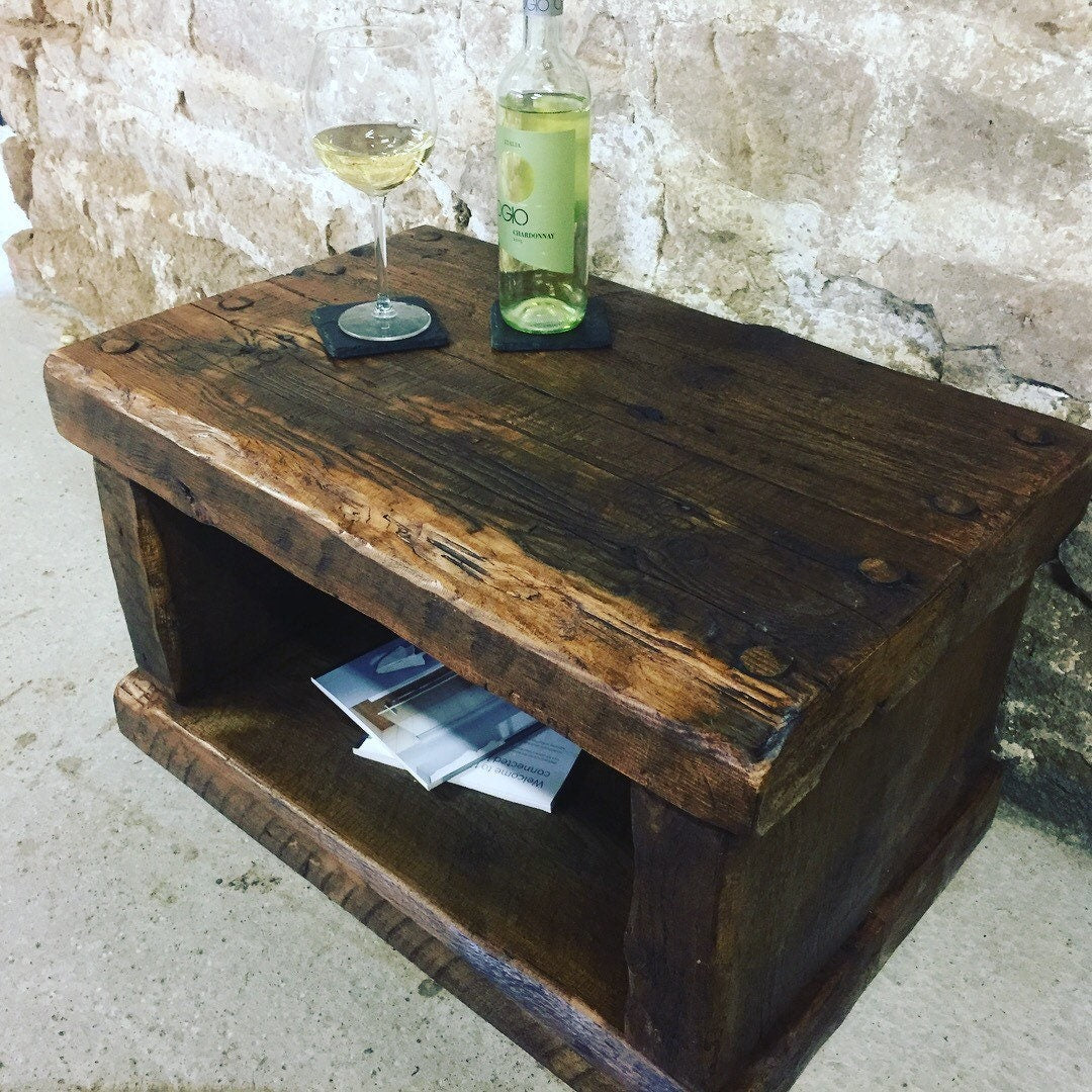 Handmade coffee table, side table made from old french wood