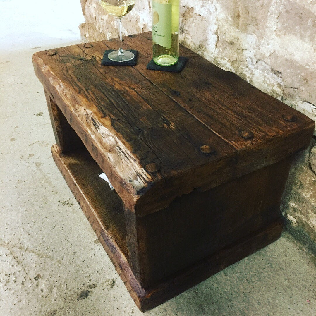 Handmade coffee table, side table made from old french wood