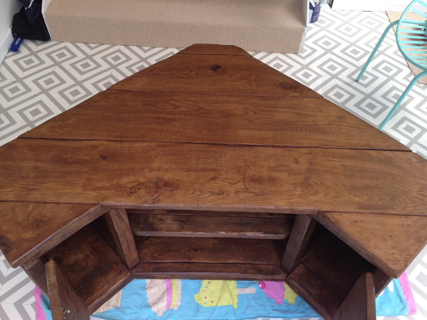 Rustic handmade corner tv unit made from old drench oak!