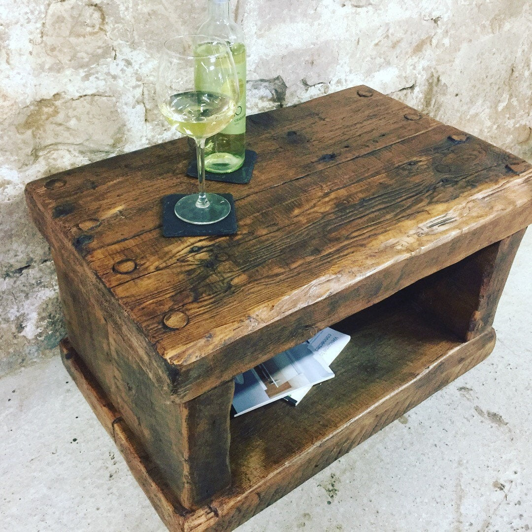 Handmade coffee table, side table made from old french wood