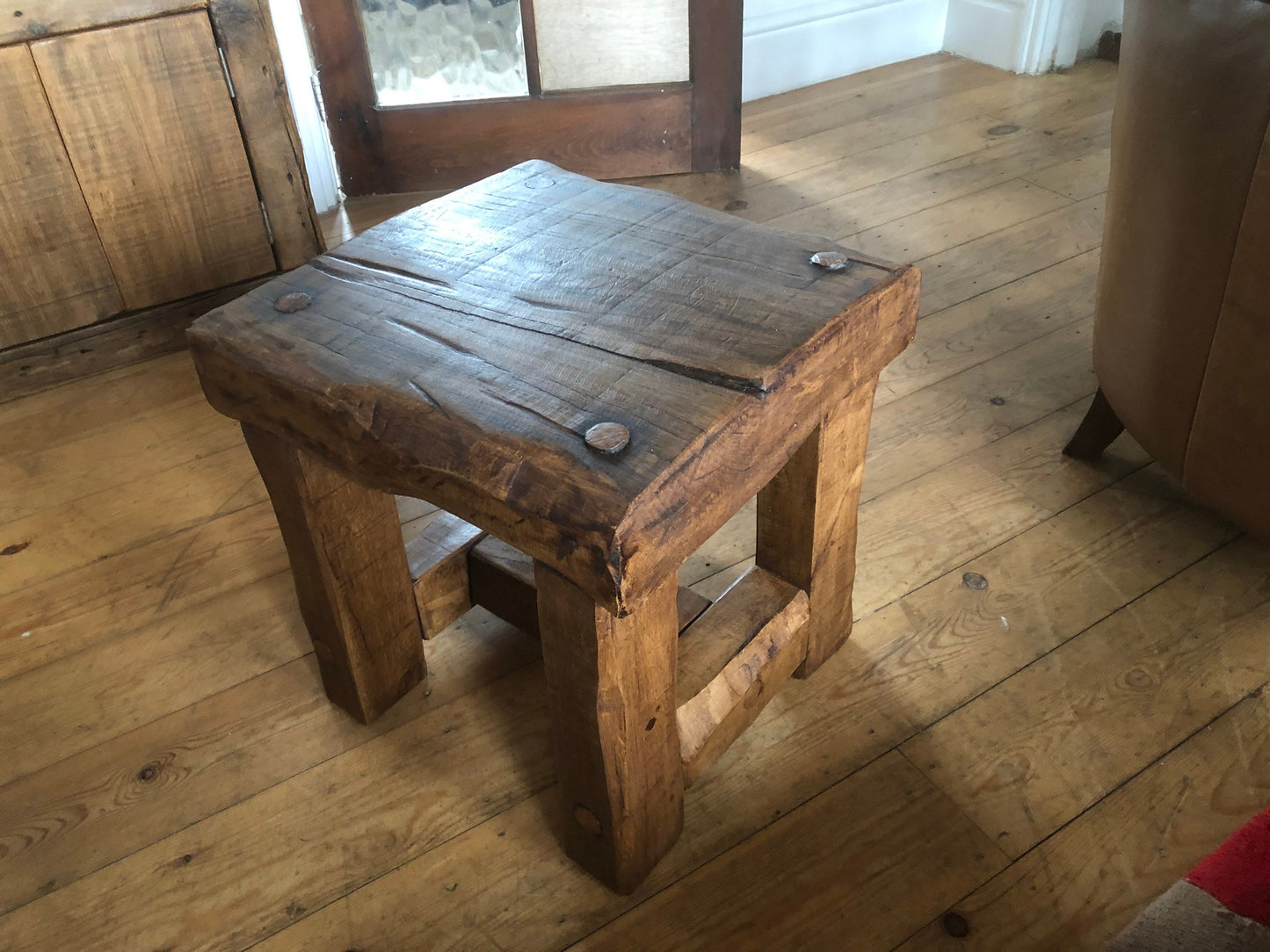 Stool side table made from reclaimed oak