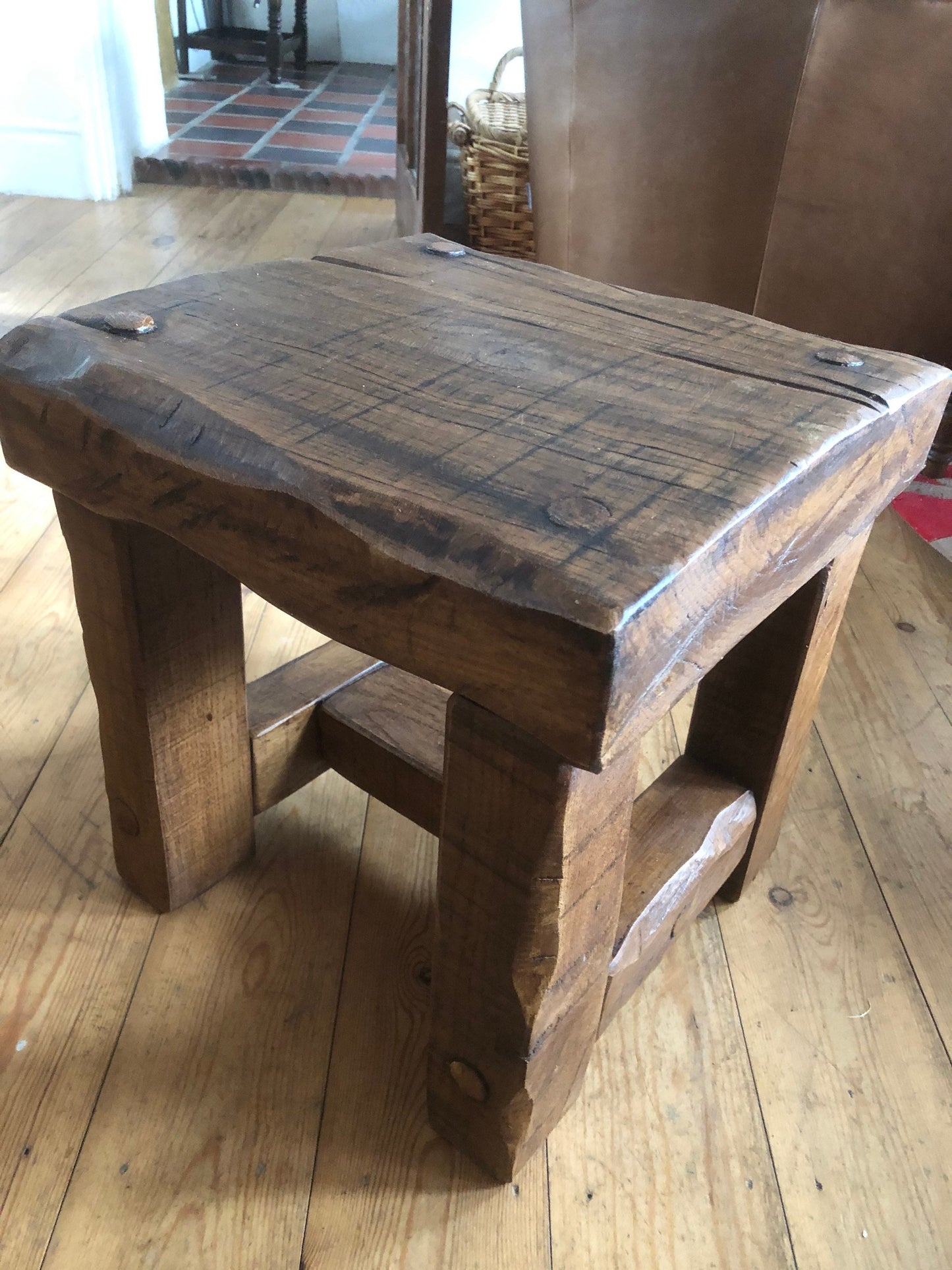 Stool side table made from reclaimed oak