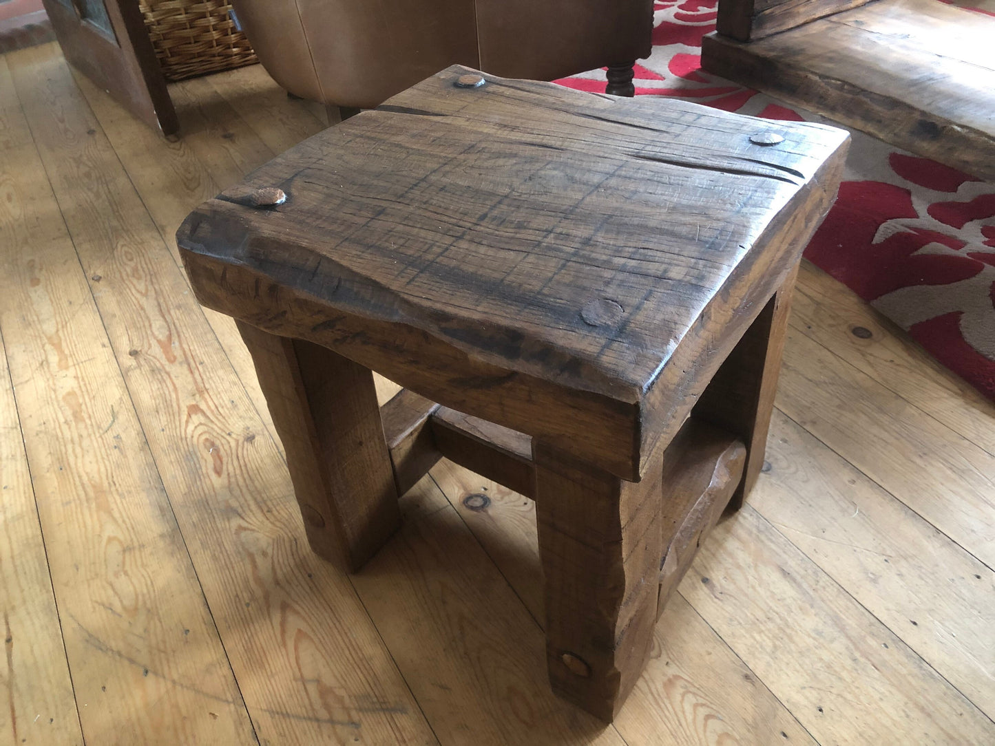 Stool side table made from reclaimed oak