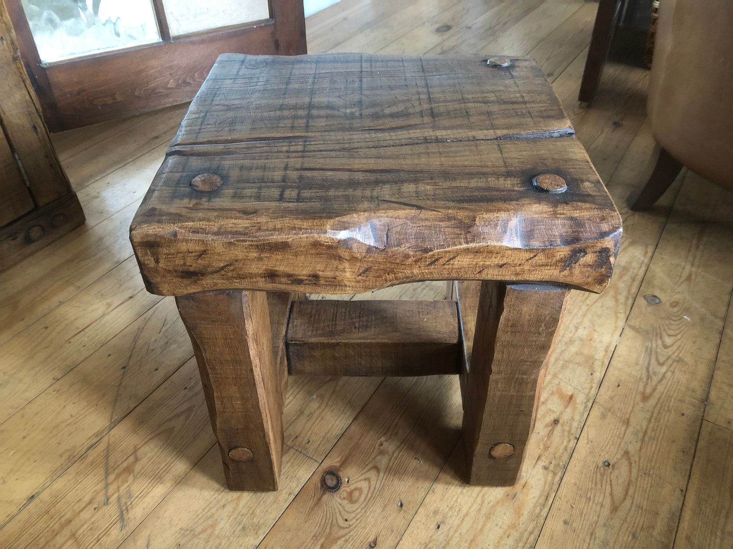 Stool side table made from reclaimed oak