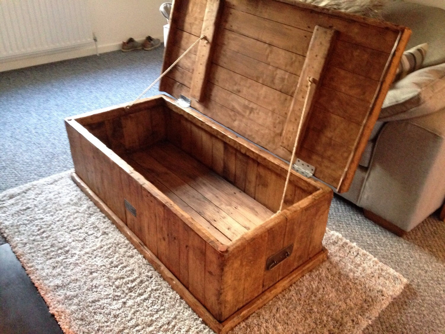 Handmade rustic oak chest trunk coffee table made from old reclaimed timber.