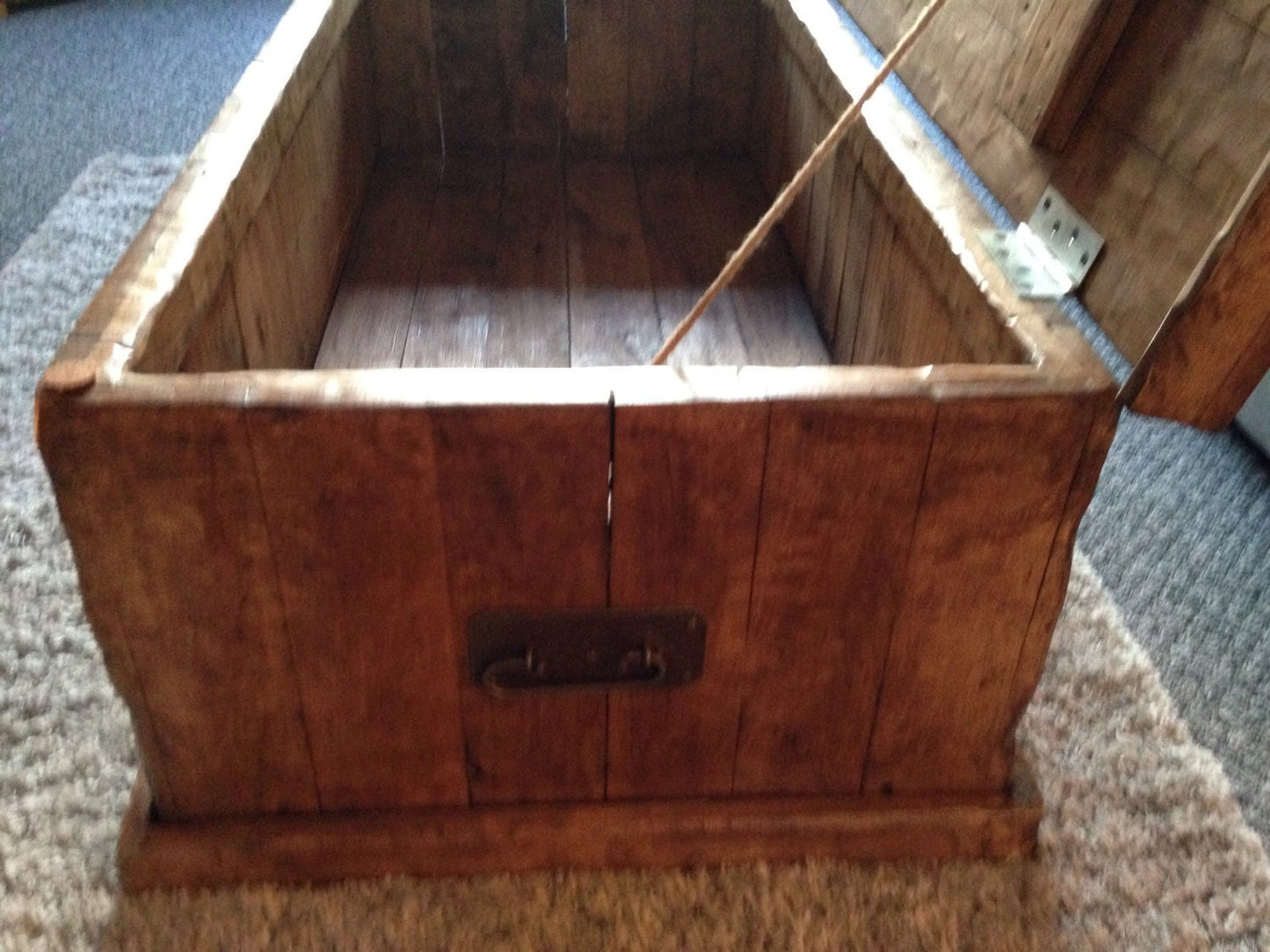 Handmade rustic oak chest trunk coffee table made from old reclaimed timber.