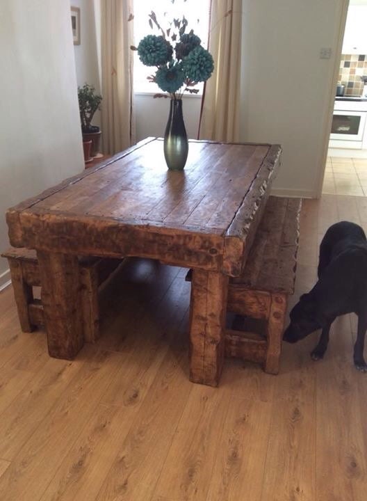 Chunky oak dining table with 2 benches