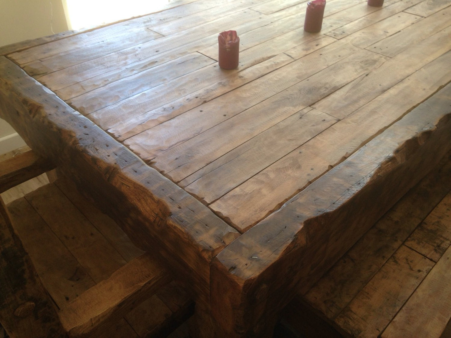 Chunky oak dining table with 2 benches