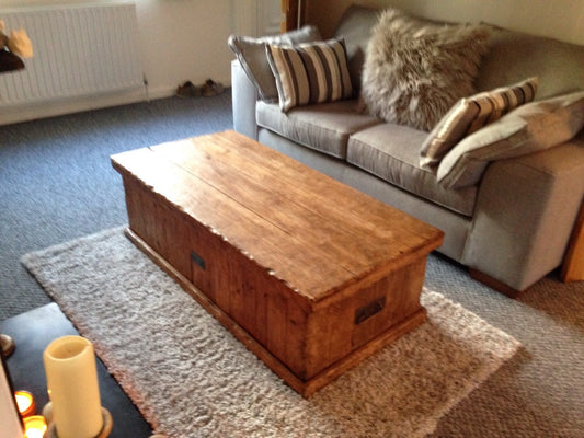 Handmade rustic oak chest trunk coffee table made from old reclaimed timber.