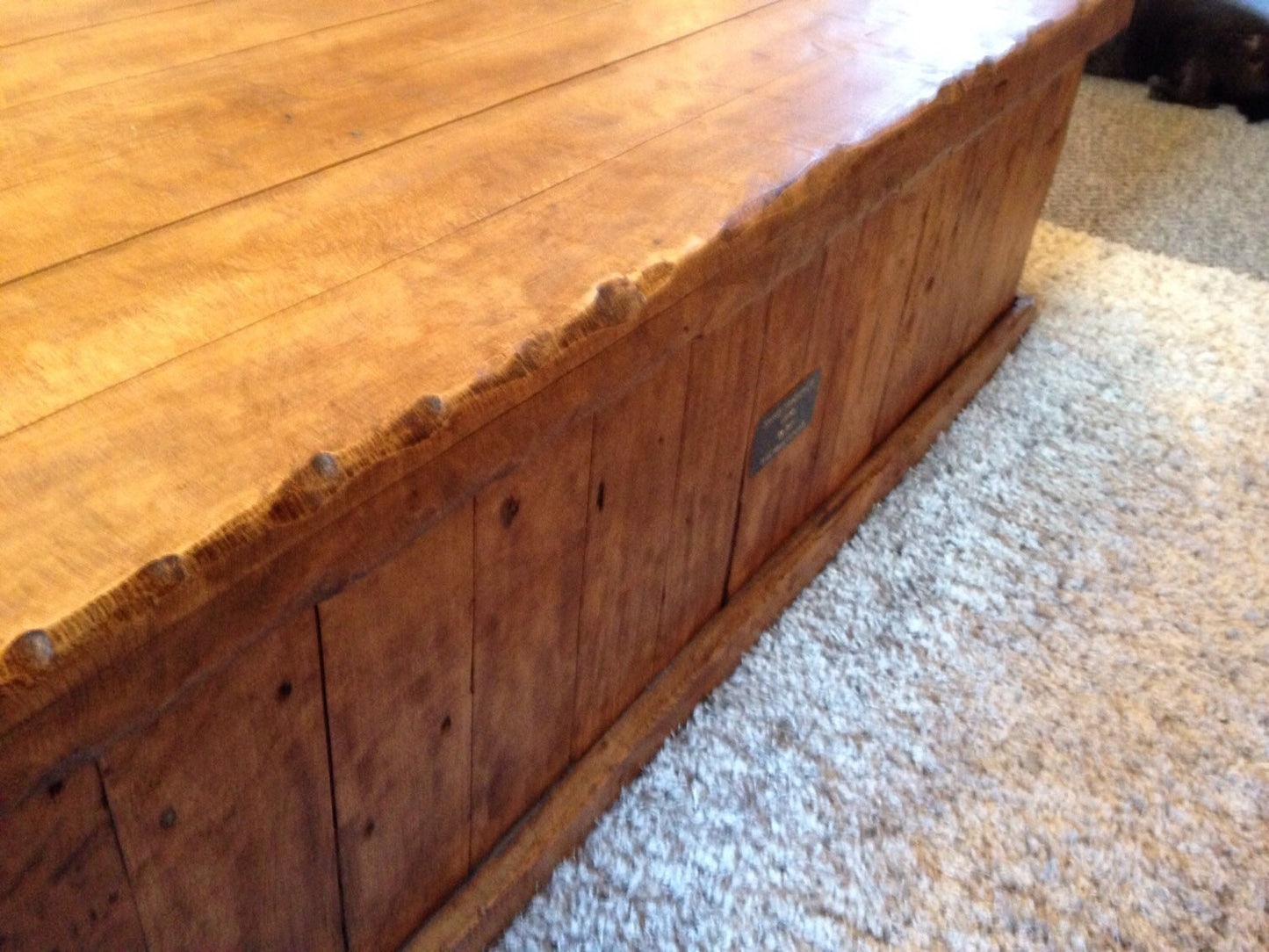 Handmade rustic oak chest trunk coffee table made from old reclaimed timber.