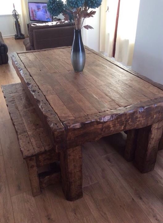 Chunky oak dining table with 2 benches