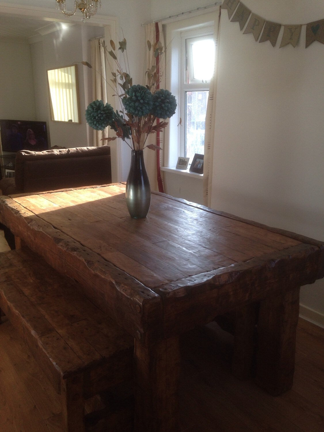 Chunky oak dining table with 2 benches