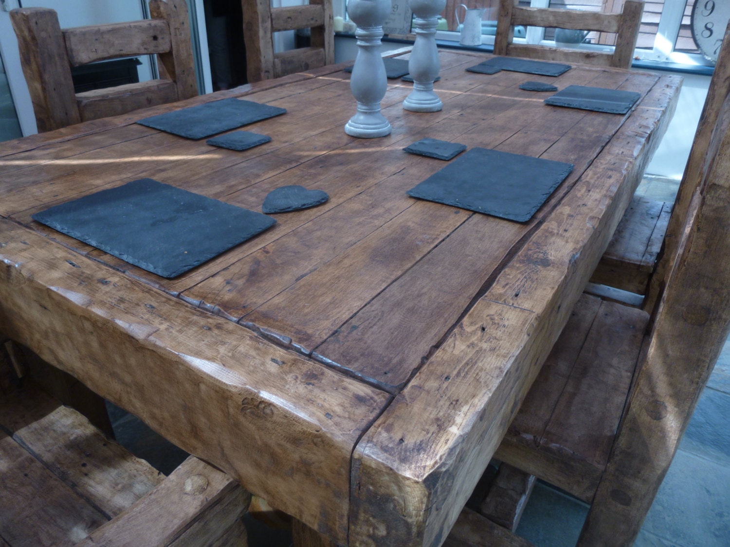 Chunky Rustic Reclaimed French Oak Dining Table Set