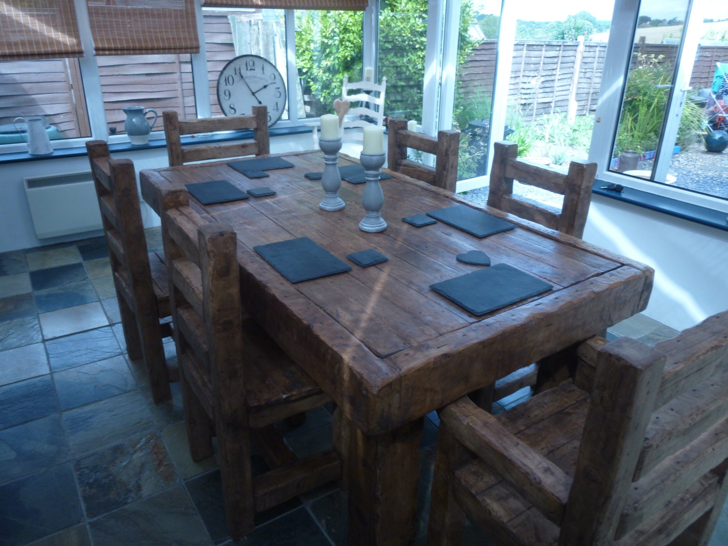 Chunky Rustic Reclaimed French Oak Dining Table Set