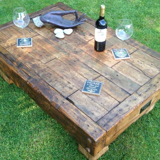 Handmade coffee table made from reclaimed hardwood. Rustic